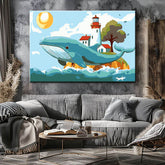 Paint by Numbers Art Animal Whale with Lighthouse House and Tree on its Back